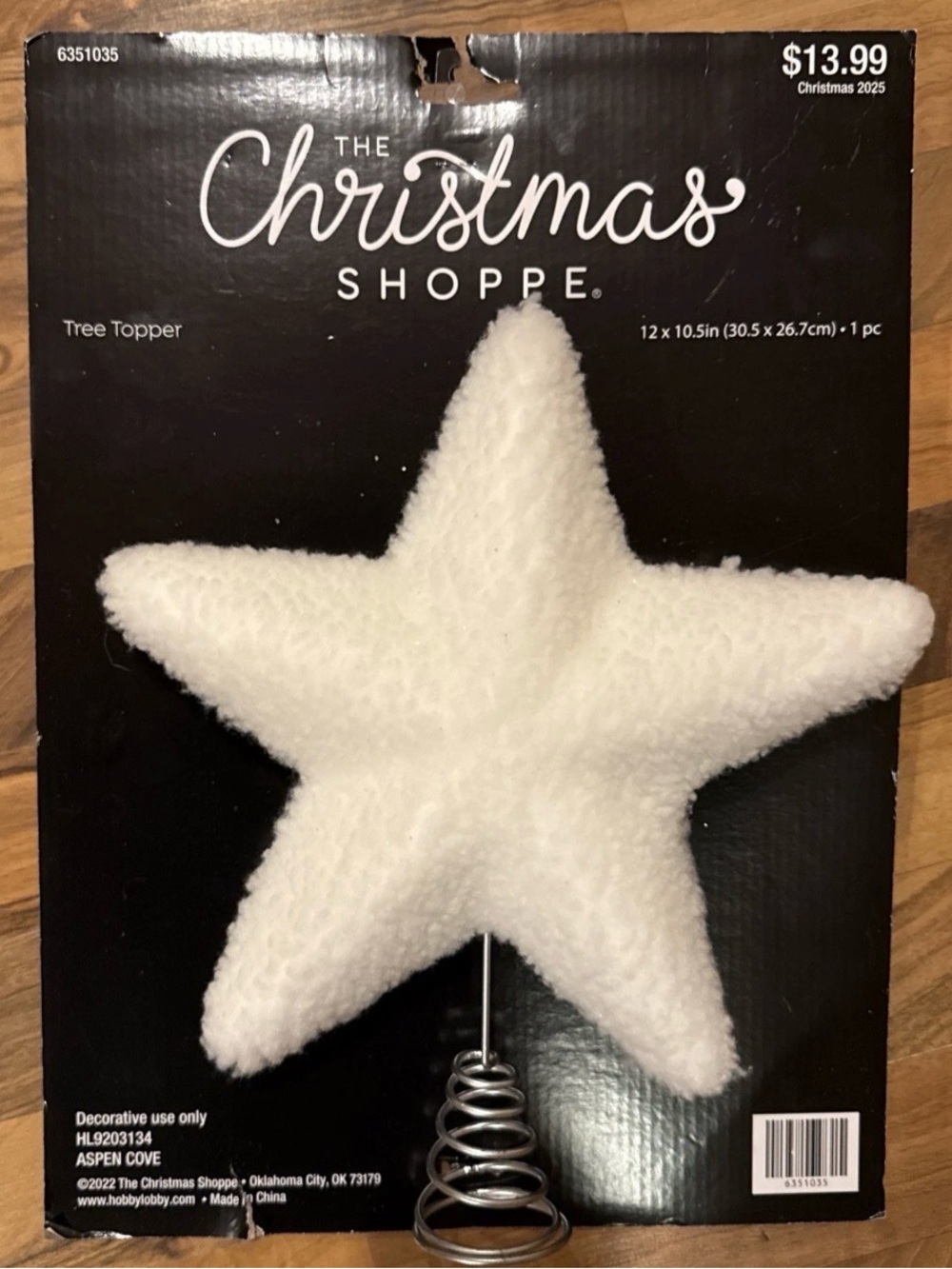The Christmas Shoppe White Sherpa Star Tree Topper 12x10.5" NEW Classic